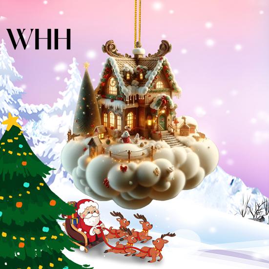 Holiday House Hanging Decor Christmas Pendant Acrylic 2D Flat Ornament Mini Snow-covered Cabin Cartoon Decoration for Tree Mantel Car Charming