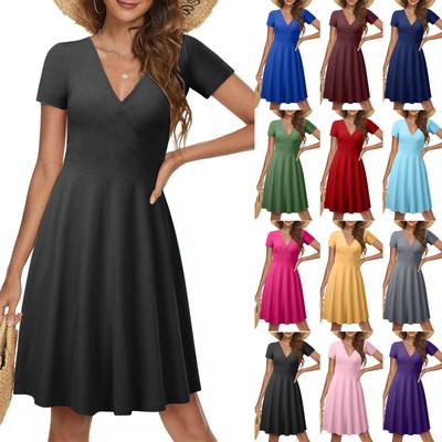 Women's  Casual Fasion Solid Color Cross V-neck Short-sleeve Waist A-line Big Swing Dress