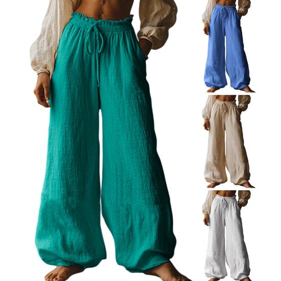 Damenhose Hohe Taille Weiter Bein Lockerer Schnitt Kordelzug Elastischer Bund Bohemian Stil Lang