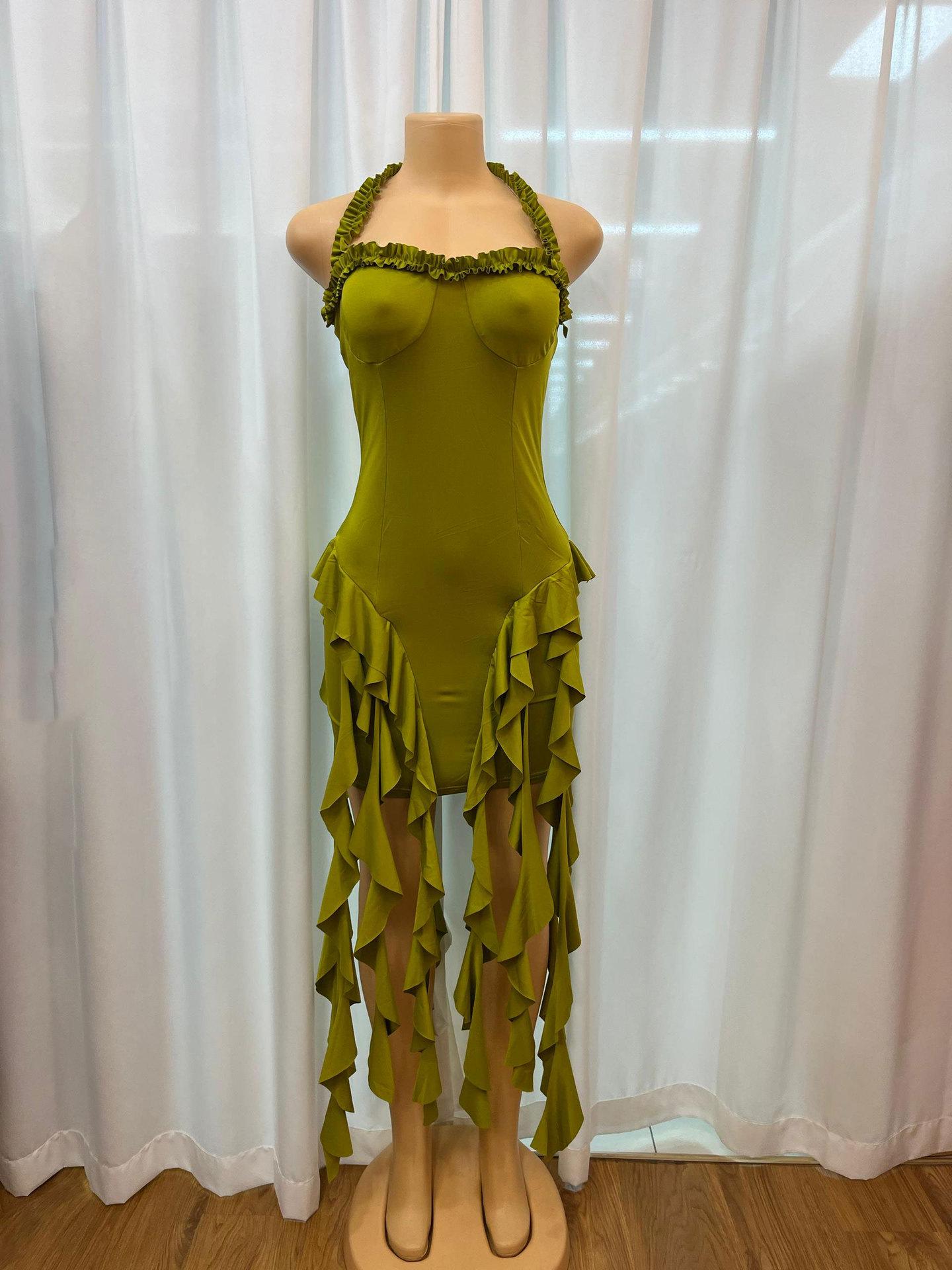 European & American Women s Sexy Halter Sleeveless Backless Irregular Solid Color Dress Large зелёный