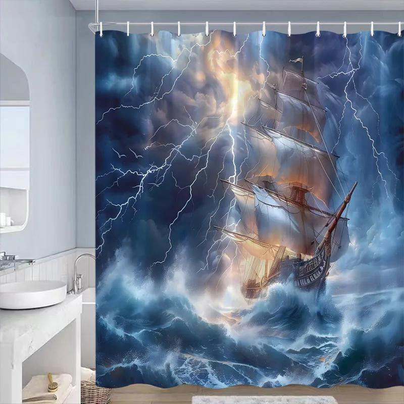 Sea Waves Sailboat Shower Curtains Night Lightning Ocean Nature Landscape Bathroom Curtain Decorative Polyester Cloth with Hooks