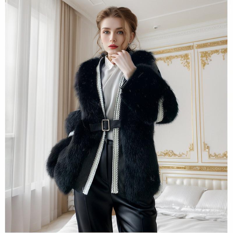 Slim White Furry Jacket Women Autumn Winter Thick Warm Faux Leather Fur Coat V-neck Long Sleeve Fluffy Outerwear