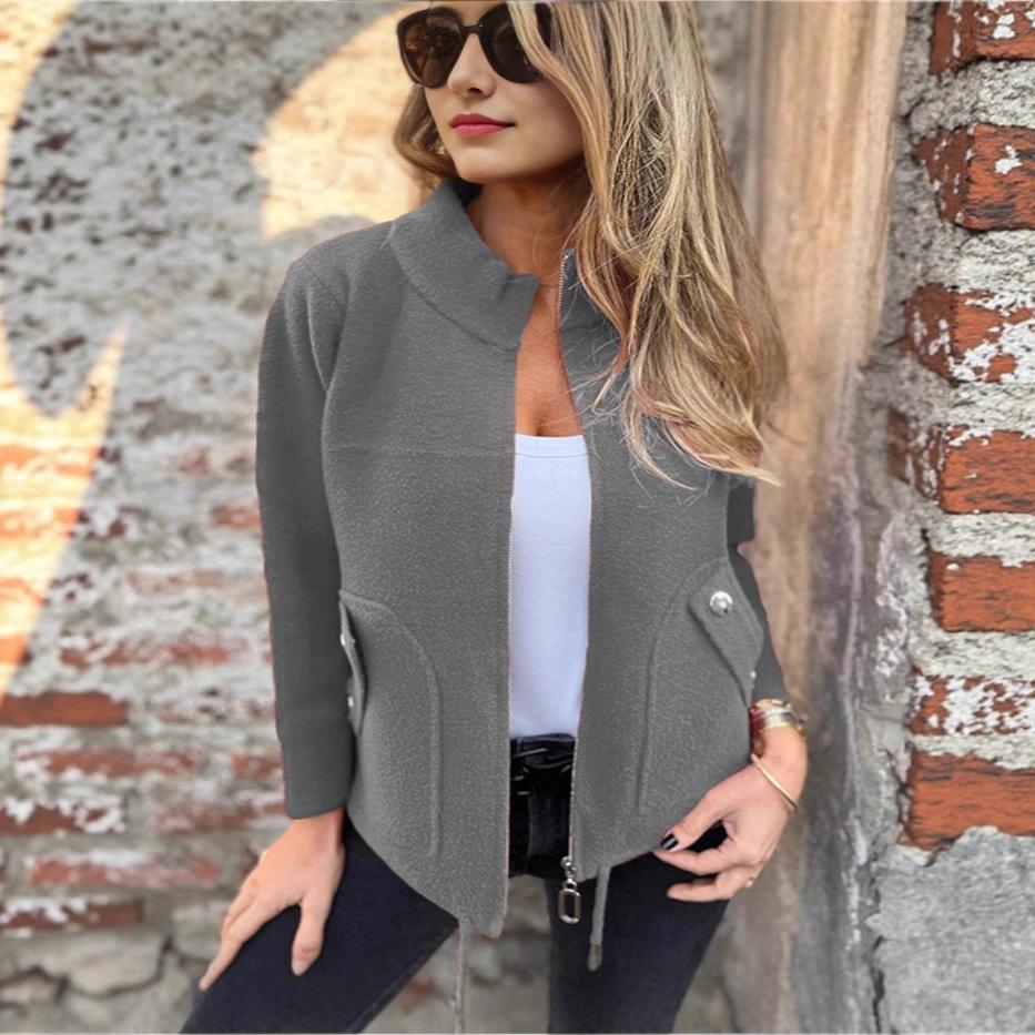 Women's Grey Stand Collar Short Jacket with Multiple Color Options
