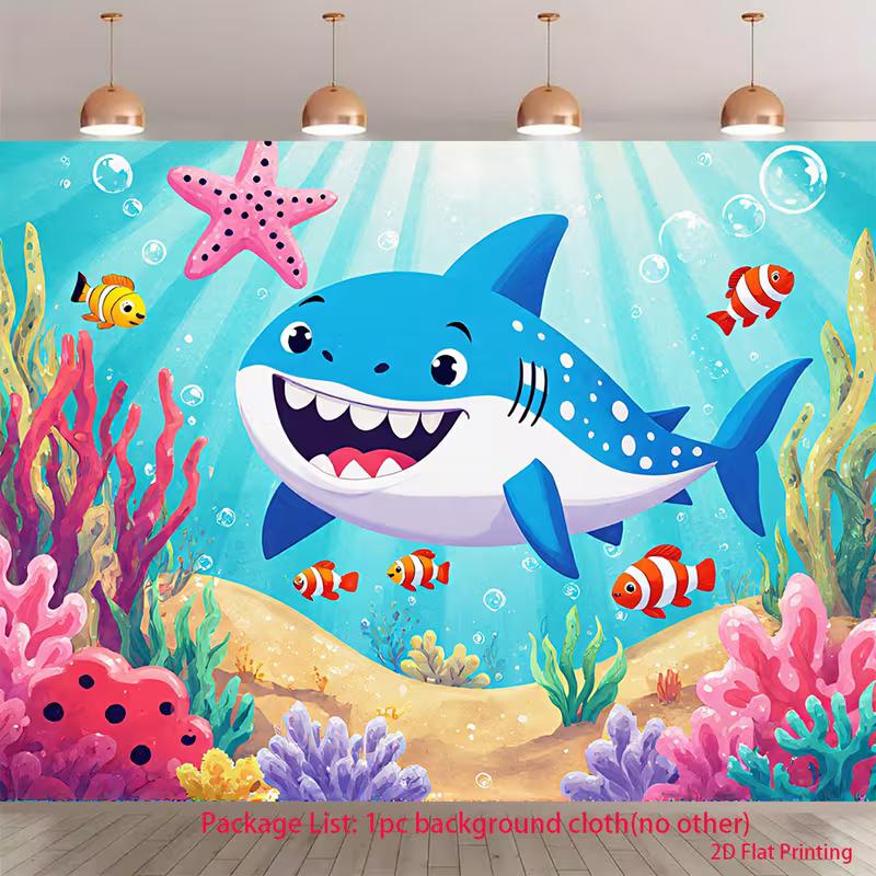 2D Baby Shark Photo Backdrop Underwater World Coral Reef Fish Starfish Background for Studio