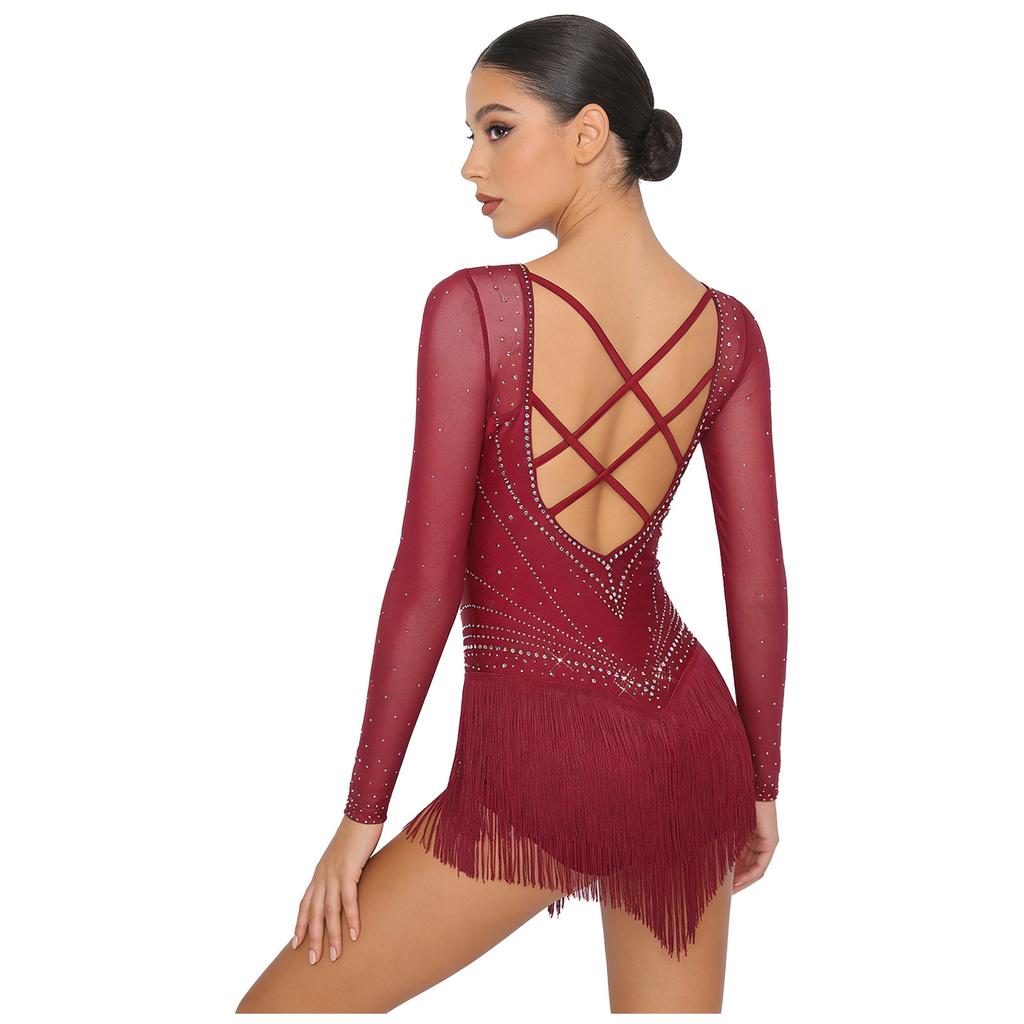 All-in-One Performance Jumpsuit for Women S-XXL: Perfect for Tango, Rumba & Figure Skating with Mesh Sleeves & Open Back