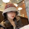 Fair Island style knitted bucket hat women's autumn and winter high-end thermal basin hat big head circumference versatile wool bucket hat