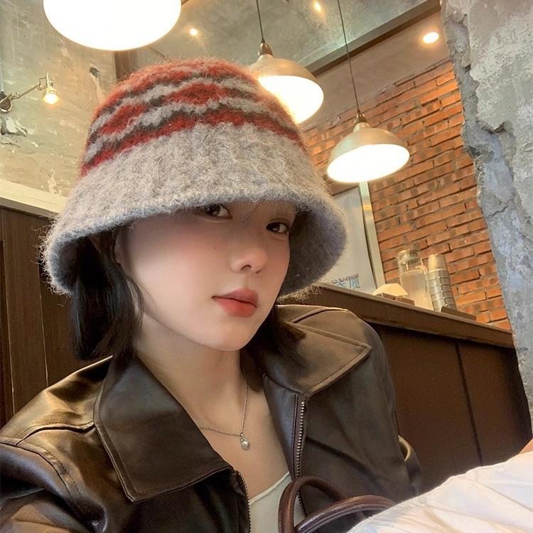 Fair Island style knitted bucket hat women's autumn and winter high-end thermal basin hat big head circumference versatile wool bucket hat