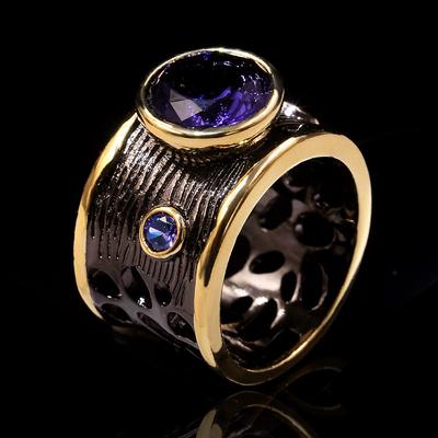 Big Round Cut Amethyst Rings for Women Vintage Black Gold Cocktail Party Gift Italy Jewelry Antique Design