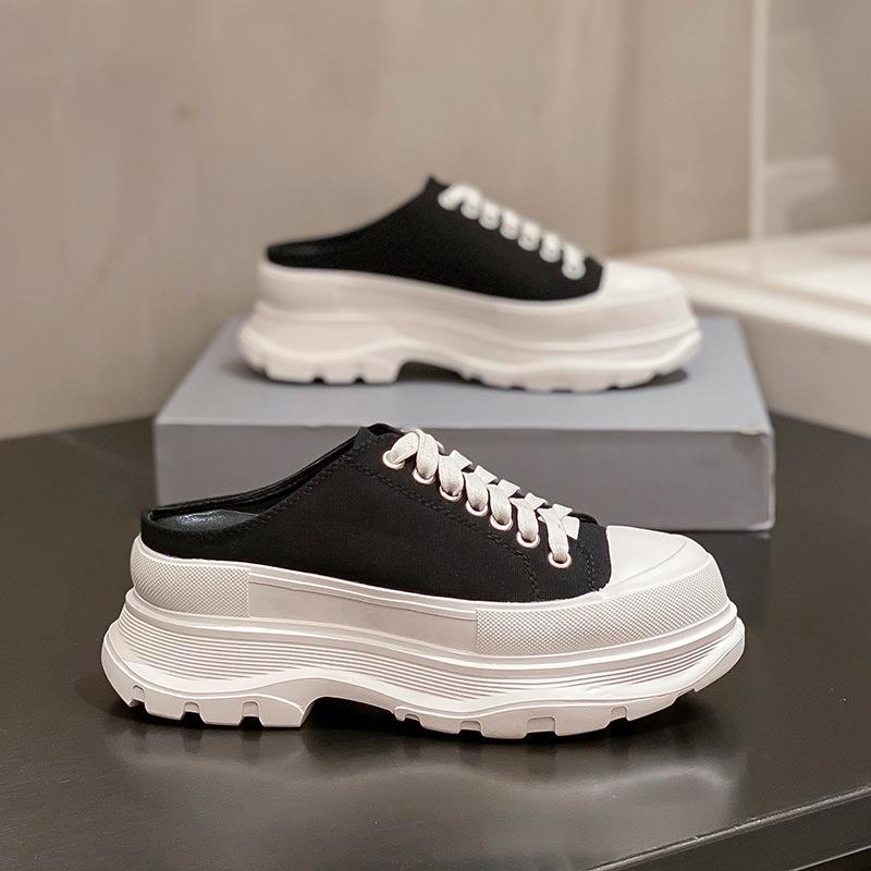 Sheepskin Version~ Spring and Summer Baotou Half Slippers Women Wear Thick Soles Inside Heightening Canvas Shoes Internet Celebrity Explosion White