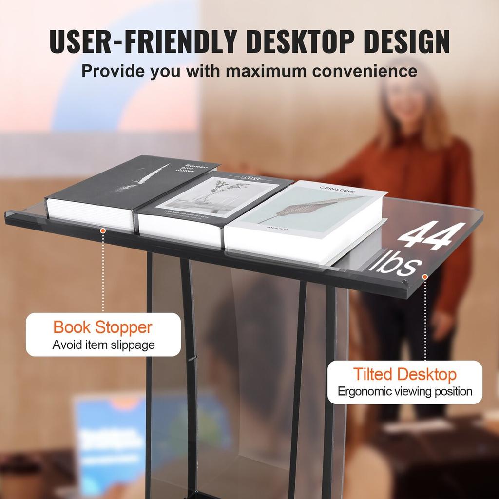 Acrylic Podium, 47" Tall, Acrylic Podium Stand with Wide Reading Surface & Storage Shelf, Floor-standing Clear Pulpits Acrylic for Church Office