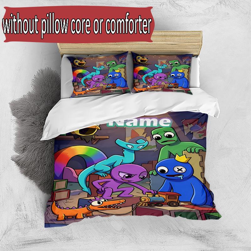 3pcs Duvet Cover Set (1*Duvet Cover + 2*Pillowcase, Without Core), Custom Name Game Rainbow Friends Pattern Bedding Set, Home Bedroom Decor Gift