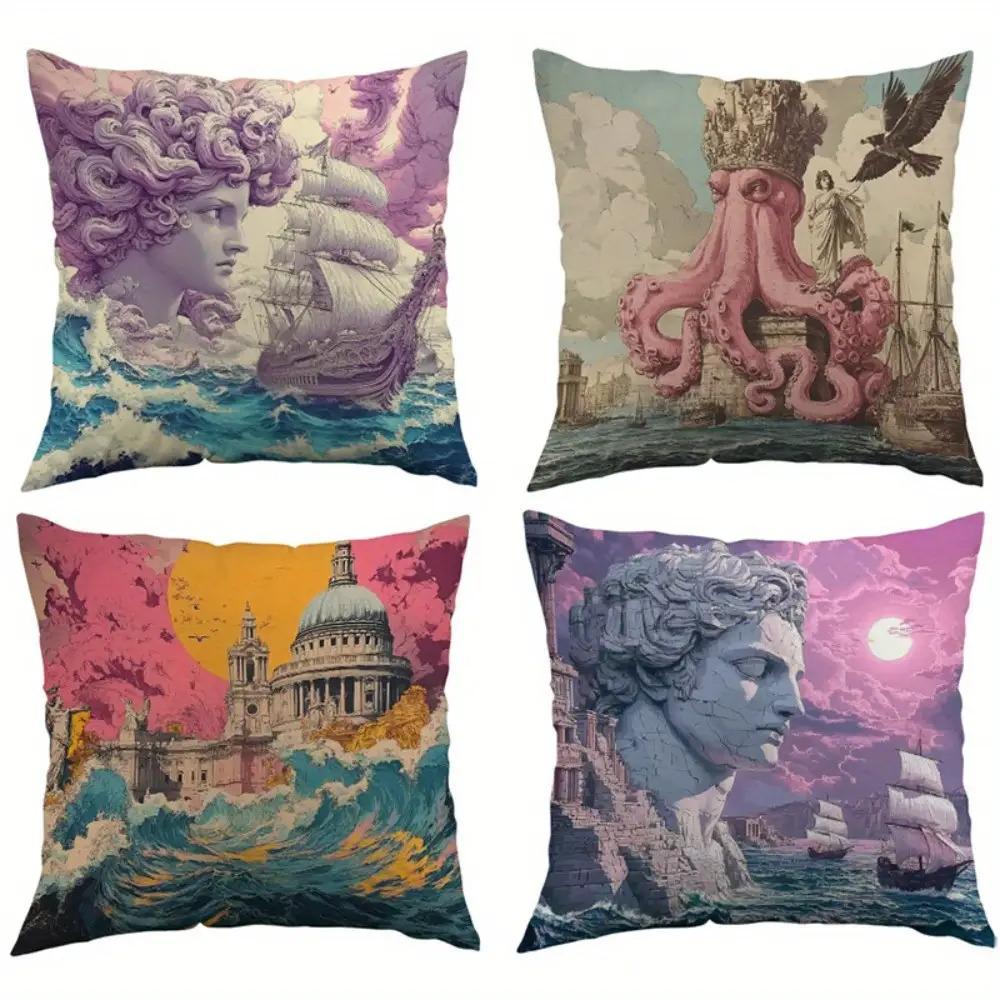 Fantasy Nautical Pillow Covers Greek Statue Octopus City Art Throw Pillow Cases, Surreal Home Decor Cushion Covers For Couch Bed