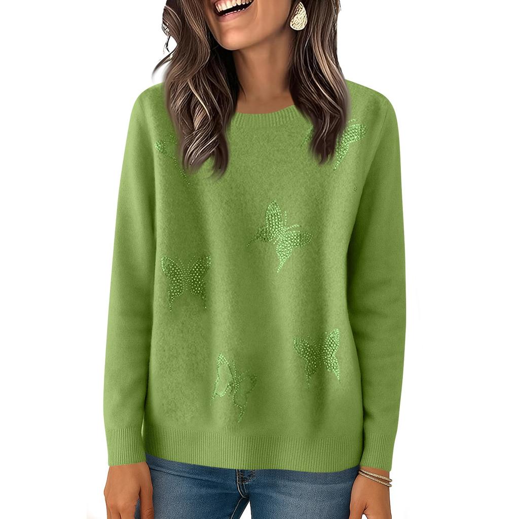 Women's Fashionable Solid Color Round Neck Long Sleeved Loose Base Shirt With Rhinestone Butterfly Knit Sweater Top