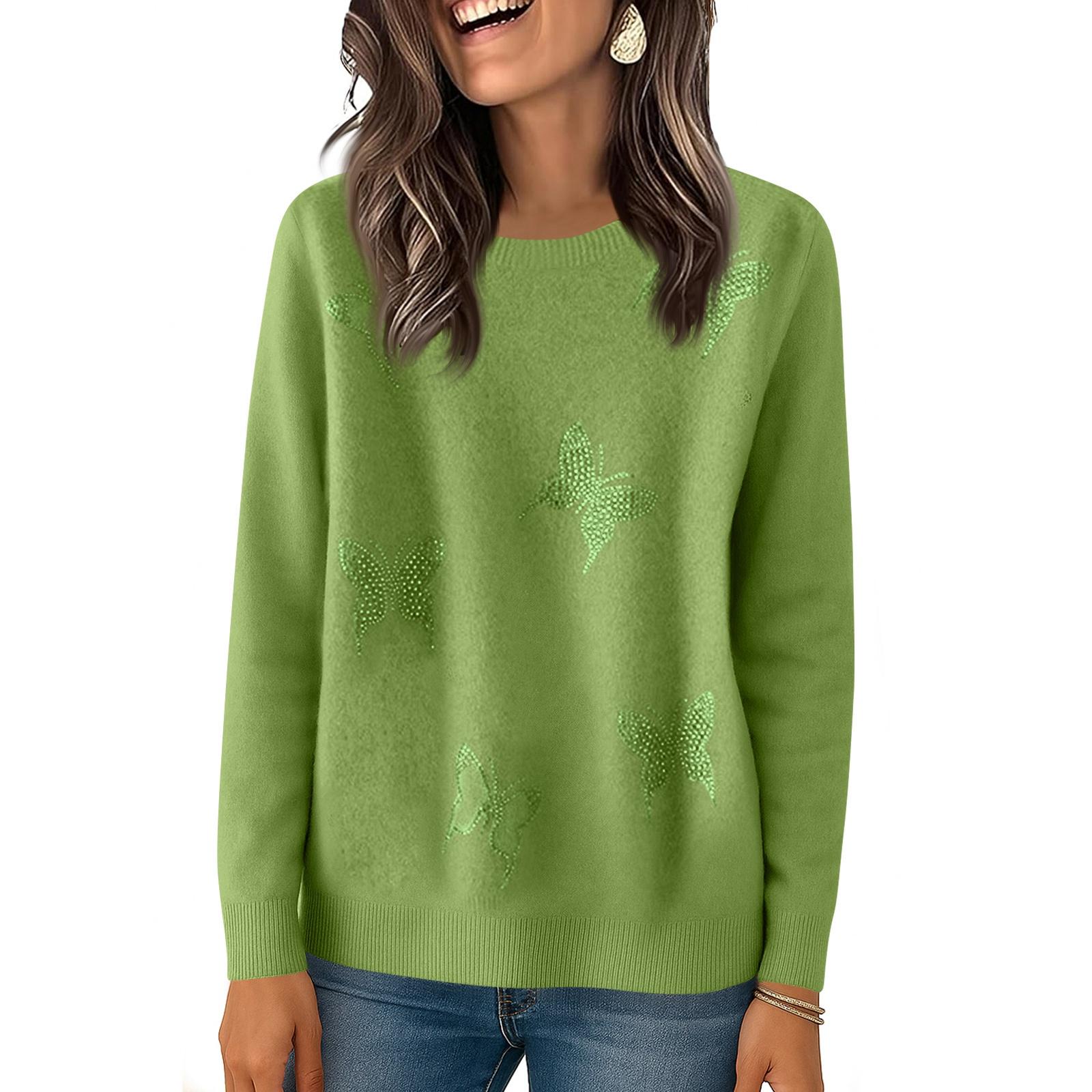 

Женская модная однотонная футболка с круглым вырезом и длинными рукавами, свободного кроя, базовая, вязаный свитер-топ с бабочкой из страз XXL зелёный