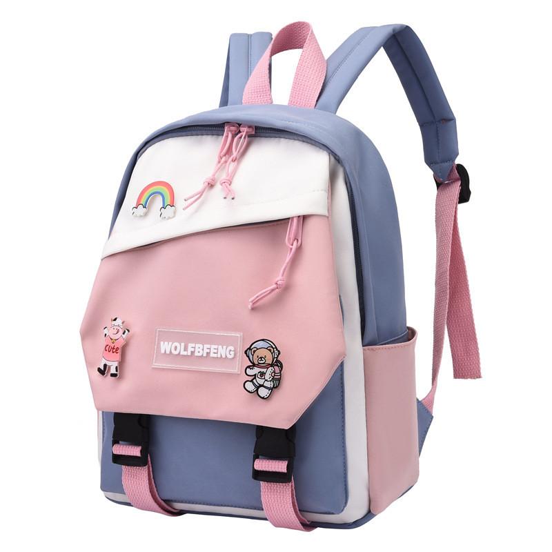 Blocked Simple Color Children Backpack Student  With Cartoon Badge School For
