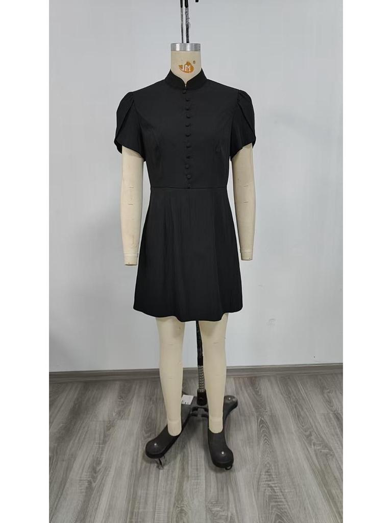 2026 Summer Stand Collar Puff Sleeve High Waist Dress for Women – Trendy European & American Style