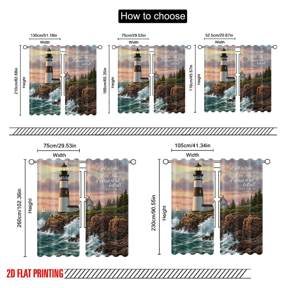 2pcs 2D Flat Printing Window Treatment Curtains Faith Lighthouse Ocean Waves Fabric Without Electricity 0 Perfect for Outdoor