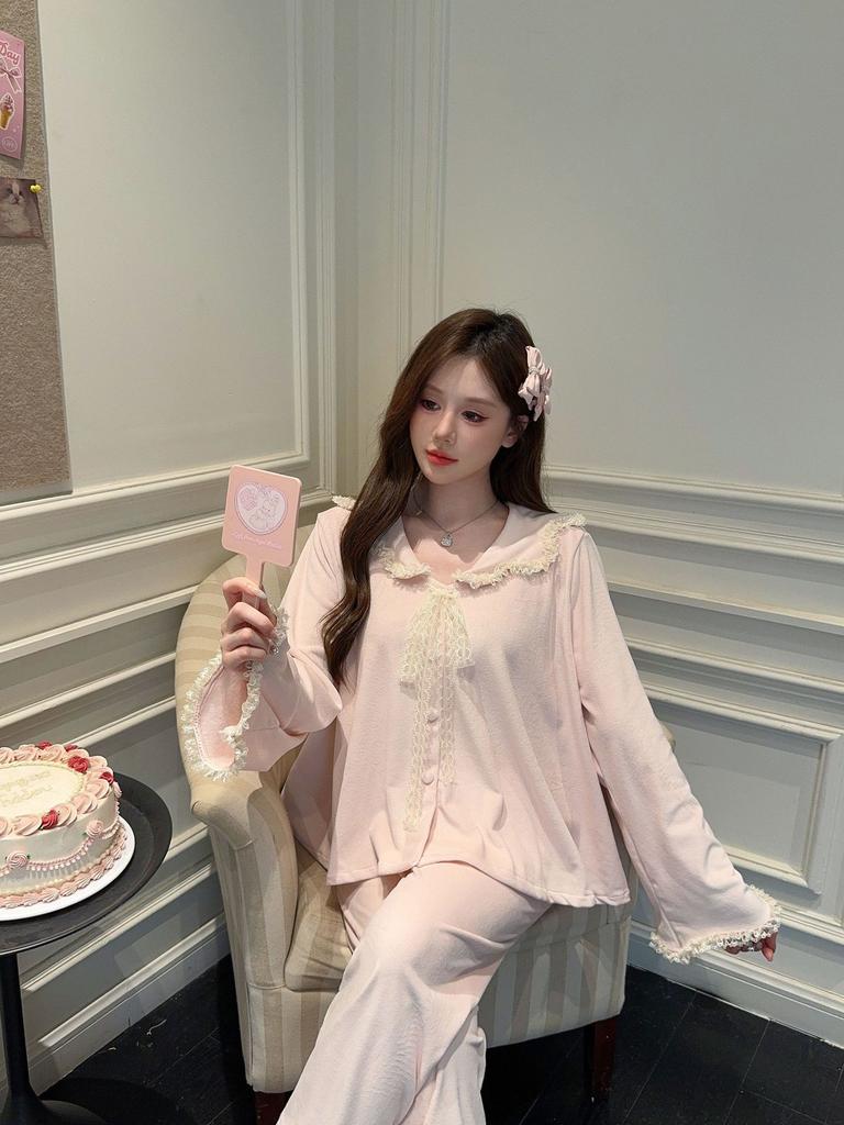 Autumn new double-sided island velvet pajamas women's new lace solid color long-sleeved trousers doll collar loungewear sweet