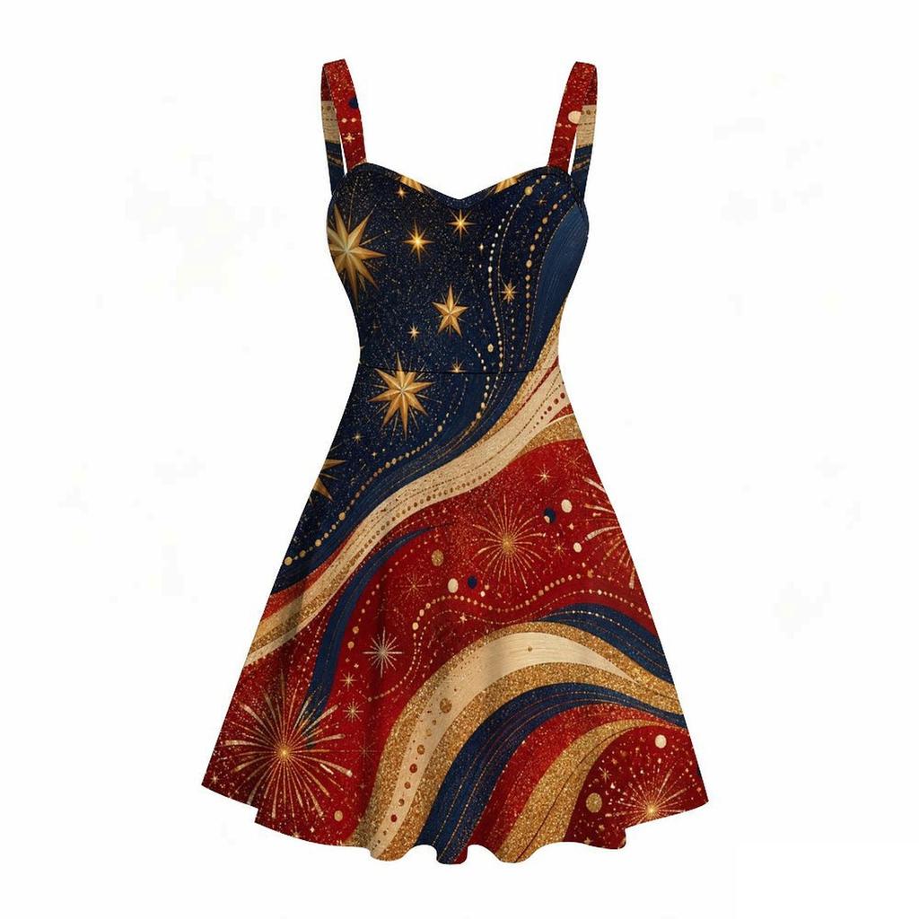 Women Plus Size Spaghetti Strap Off Shoulder Dress Glitter Wave Star Firework Holiday Print Swing Dress