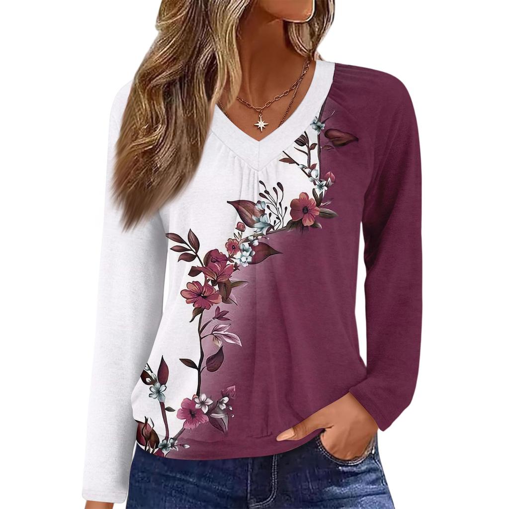 Top Casual de Moda para Mujer con Cuello en V, Manga Larga Raglán Plisada con Estampado Floral