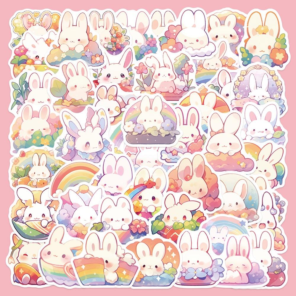 Cute Rainbow Bunny Stickers 50 Pack Pms125 Color Adhesive Decorations For Luggage Journals Phone Cases And More