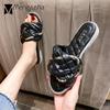 Fashion Bling Bling Crystal Flat Slippers Woman Brand Designer Knitted&Chains Flip Flops Shoes Ladies Beach Sandals Comfy Plaid Slides