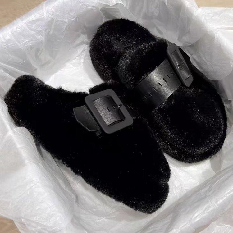 High value ins fluffy slippers women's 2025 autumn and winter new belt buckle niche design cotton slippers trendy outside