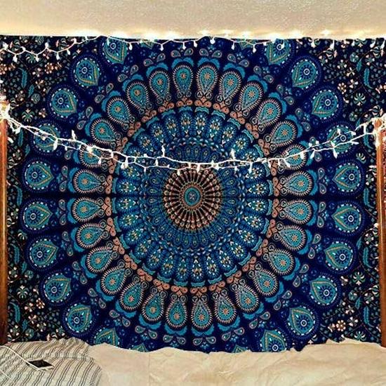 Golden Indian Bohemian Peacock Mandala Tapestry Wall Hanging