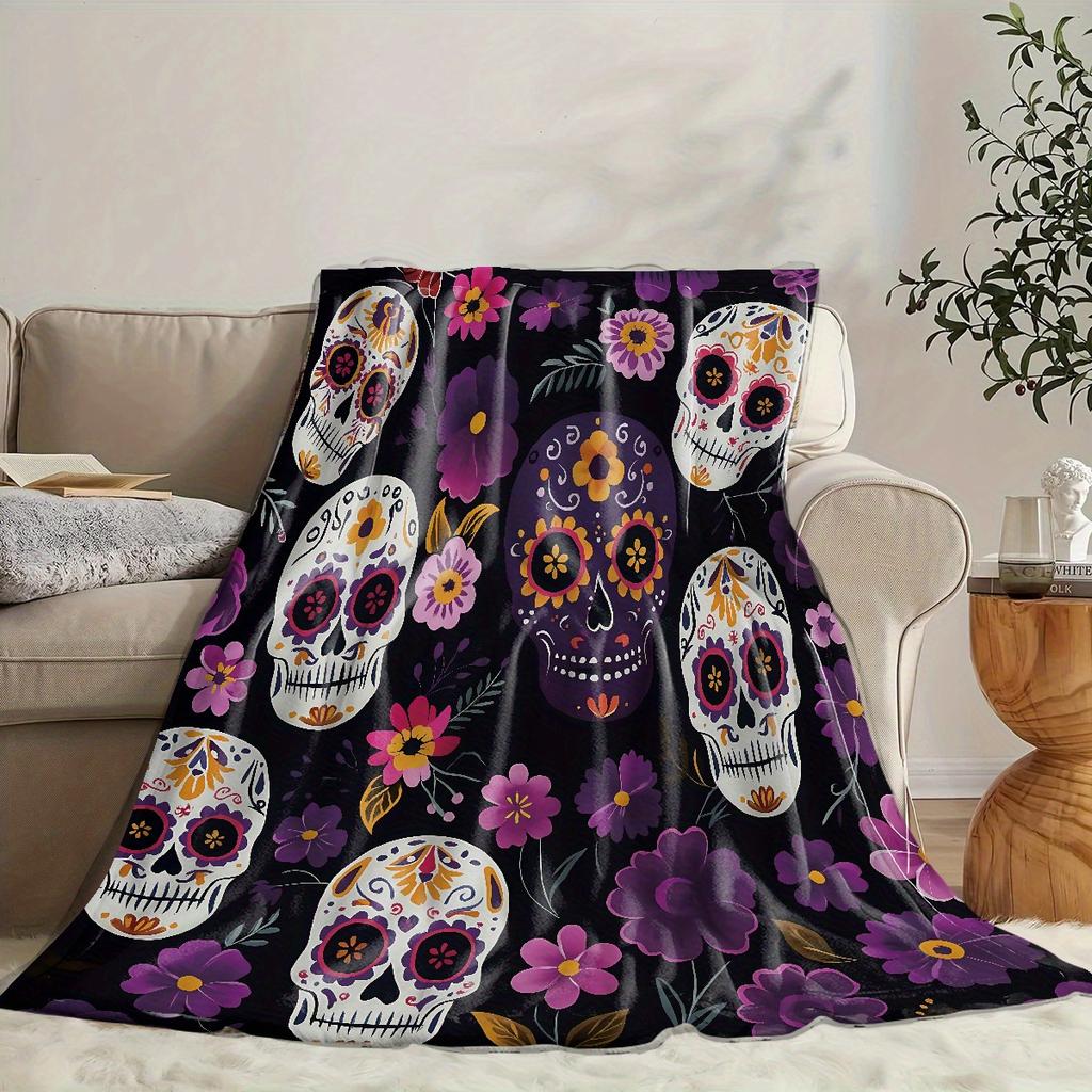 1pc Halloween Creative Skull Floral Print Flannel Blanket Suitable for Bed Sofa Office and More Soft Warm Halloween Gift Decoration