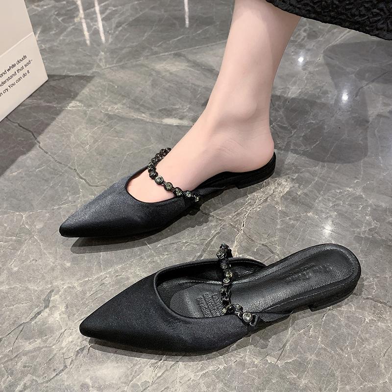 

New Style Popular Designs Luxury Women Mules Elegant Slides Low Heel Sandals Gold Woman Slippers Pointed Toe Shoes for Women 40 чорний