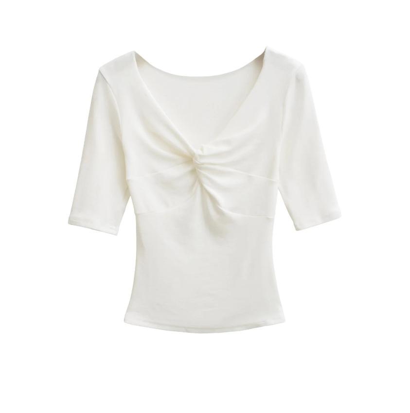 Kink V-neck Medium-sleeved T-shirt Women's Summer New American Spice Girl Style Solid Color Slim-fitting Slim Bottom Top