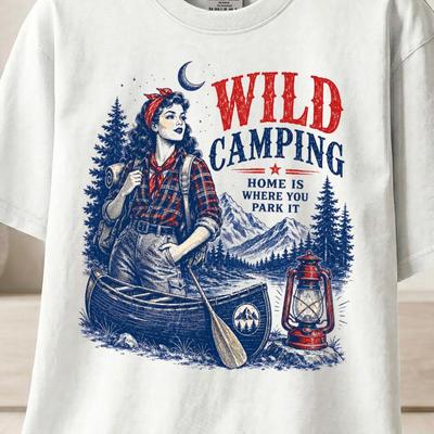 Wild Camping T-Shirt and Kids Tshirt, Vintage Camper Gift, Outdoorsy Woman Tee, Home Is Where You Park It, Adventure Awaits Retro Canoe Camp Top