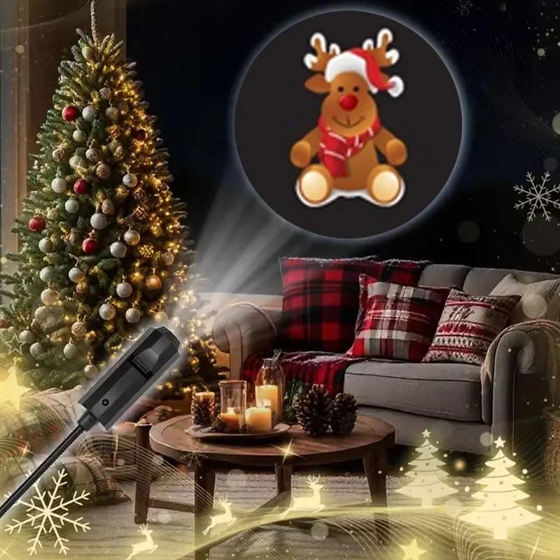 LED Christmas Projector Light USB 5V Night Light Ambiance 4/10 Modes Switchable Pattern Projection for Santa Claus Snowman Moose