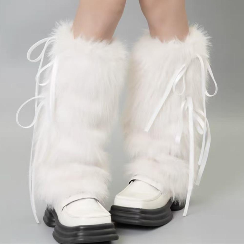 

Y2k Lace Up Leg Warmers Faux Fur Women s Plush Stockings Fashion Furry Leg Warmers Fall Winter белый