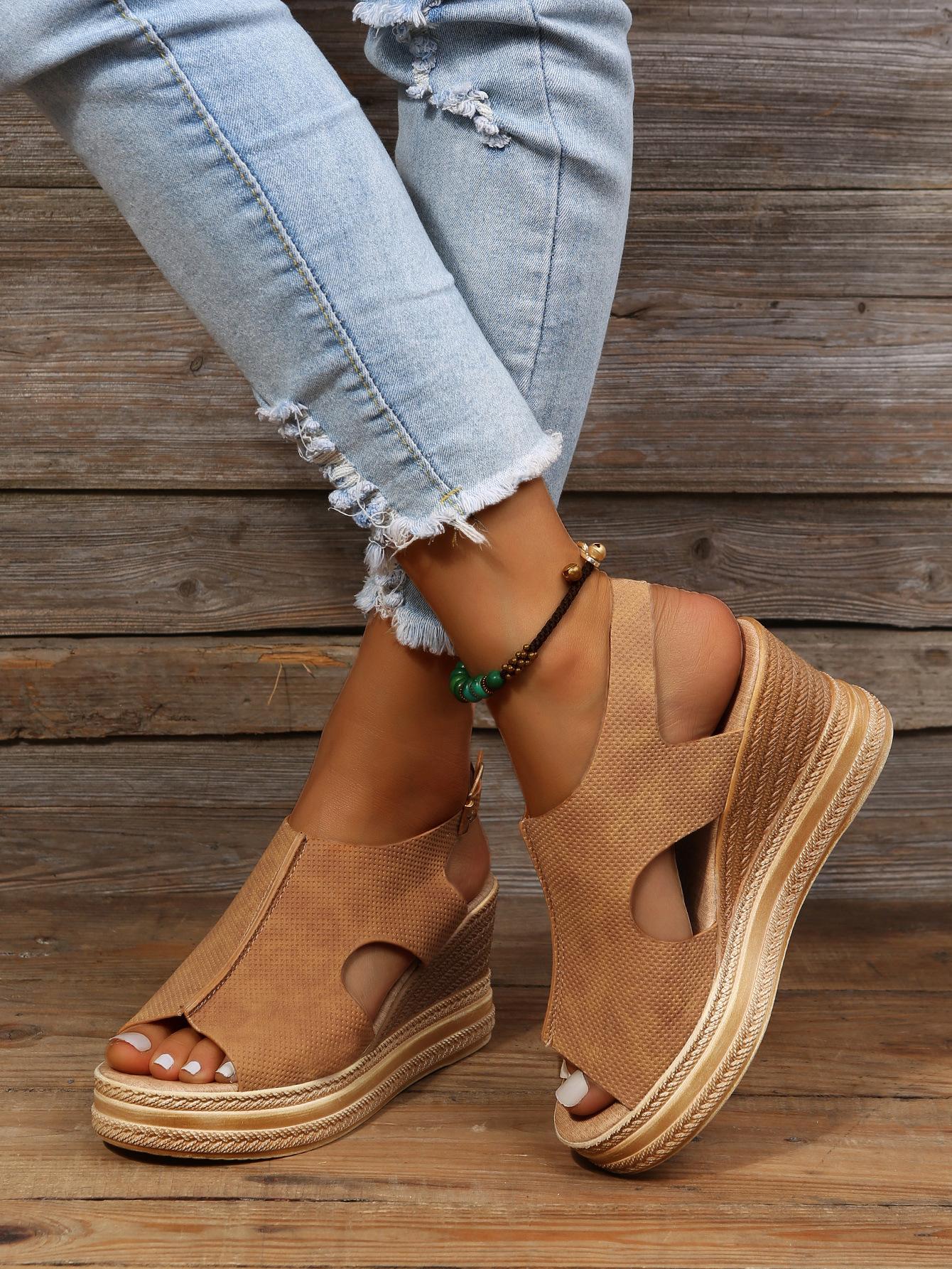 

Летние новые сандалии с открытым носком на танкетке большого размера, с пряжкой и ветроустойчивым высоким каблуком 42 коричневый