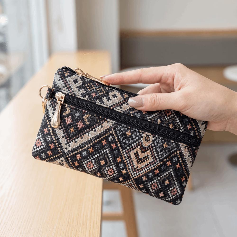 Retro Ethnic Style Clutch Purse Double Zipper Wristlet Wallet Long Wallet Cell Phone Storage