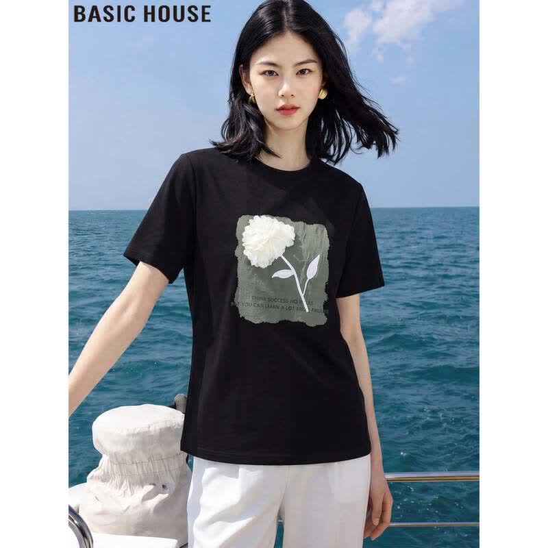 Basic House Women s Black Printed Short Sleeve T-Shirt S