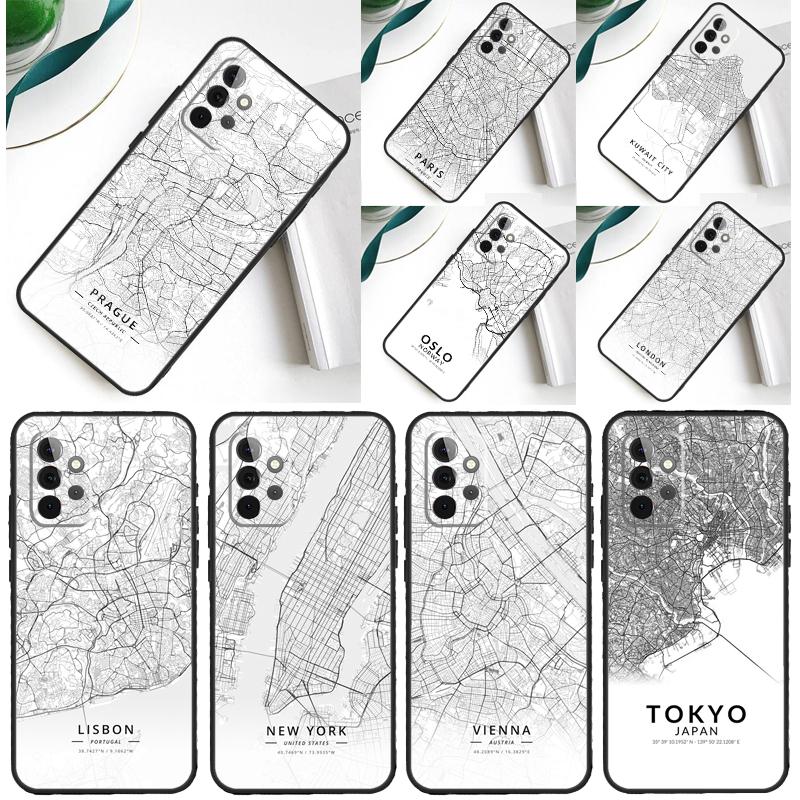 London Country Sketch City Map Case For Samsung Galaxy A54 A34 A24 A14 A12 A22 A32 A42 A52 A72 A52S A51 A71 A13 A53 Cover