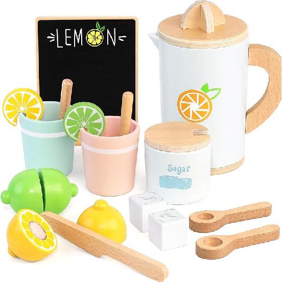 PairPear Wooden Lemonade Stand Play Set, Kids Play Food Pretend Play Lemonade Stand Play Set, Montessori Pretend Kitchen & Market Toy for Toddlers Lemonade Stand