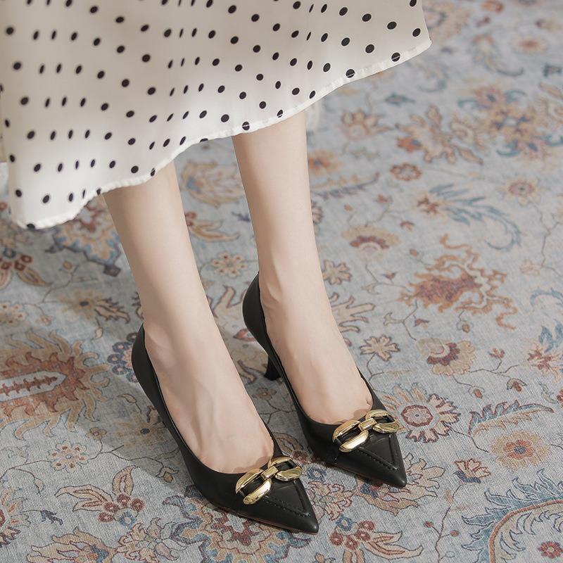Metal buckle 7cm high heels women's new leather pointed head shallow mouth stiletto single shoes not tired feet women's shoes