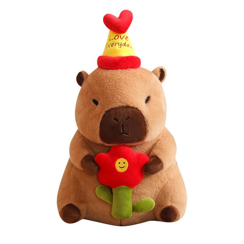 Happy Capybara Birthday Plush Toy Doll Pillow Milk Tea Cake Decoration Flower