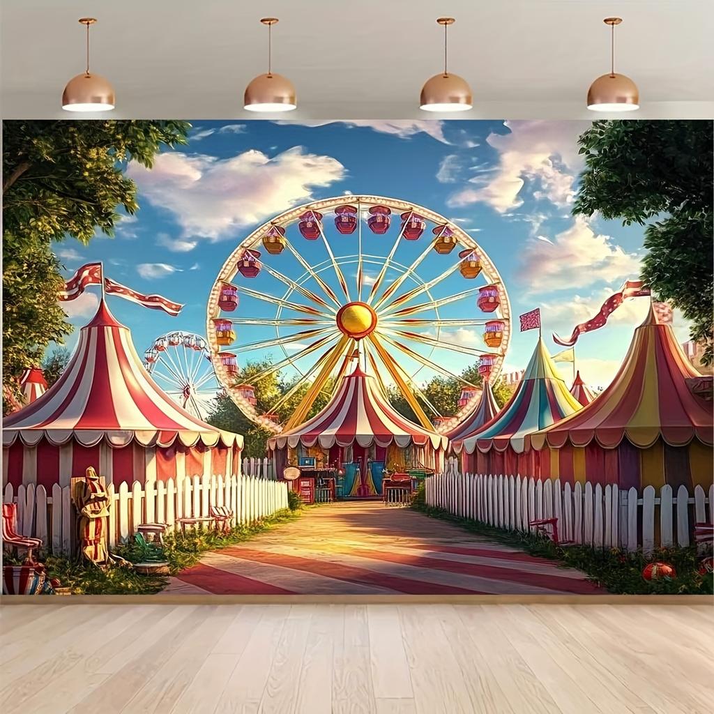 Ein Foto-Hintergrundbanner mit Zirkus-Karnevals-Muster, 2D-flaches festliches Wandtuch für die Geburtstagsparty