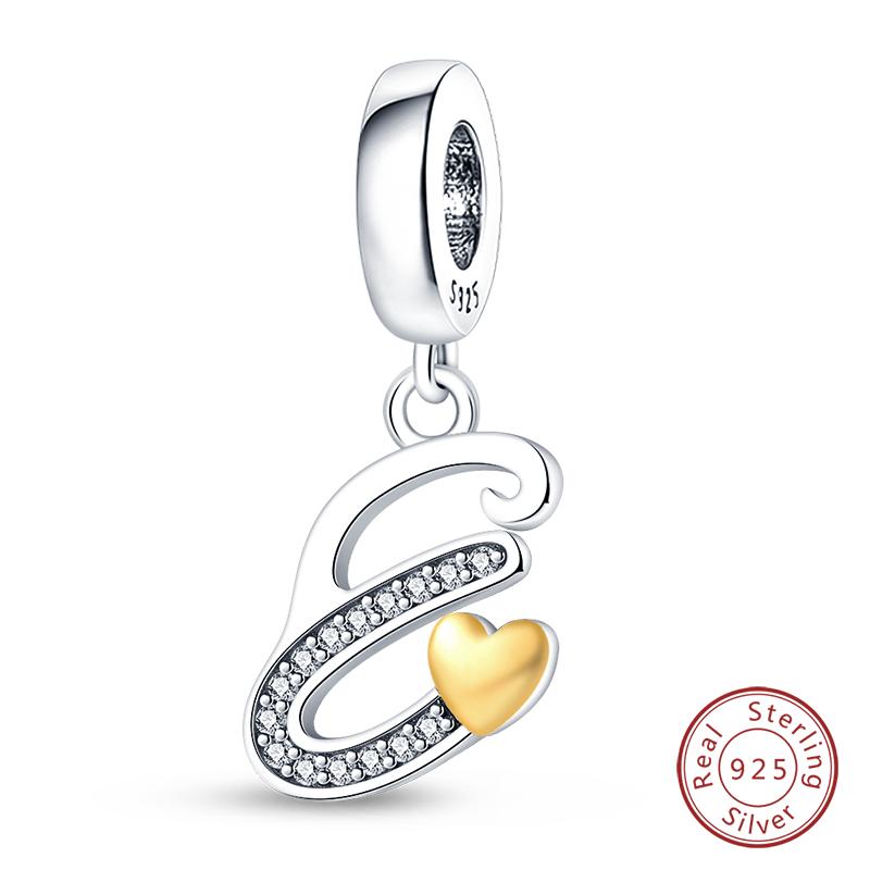 925 Silver Charm Beads Classic Gold Heart-Shaped 26 Letters Pendant For Bracelet DIY Charm Birthday Jewelry