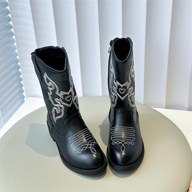 Skórzane Dziewczęce Wzór Dekoracyjne Cowboy Codzienne Botki Jesień i Zima Antypoślizgowe Boczny Zamek Retro Dziecięce Botki.