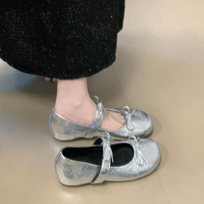 

Double bow Mary Jane shoes women s 2025 spring new temperament inner height increase versatile Doudou single shoes 35 серебряный