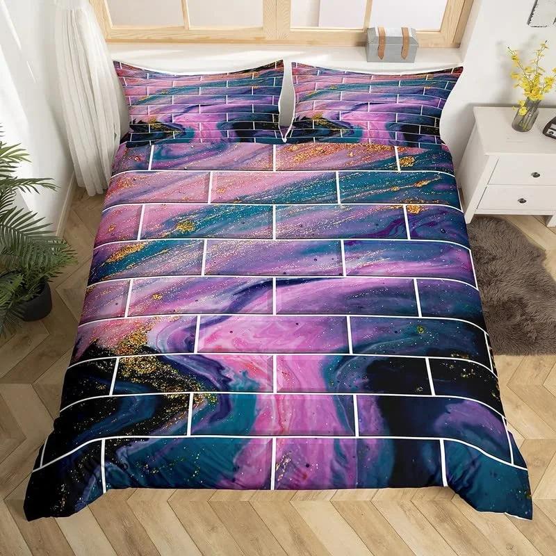 Marble Duvet Cover Marble Brick Wall Style King Queen Bedding Set Polyester Gold Bronzing Sequins Abstract Fluid Comforter Cover