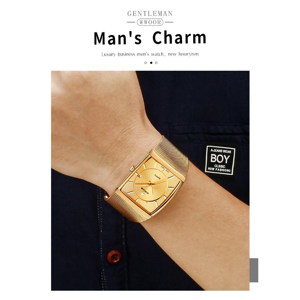 WWOOR Luxury Gold Watch Men Square Quartz Slim Steel Mesh Waterproof Sports Automatic Date Wrist Watches Relogio Masculino