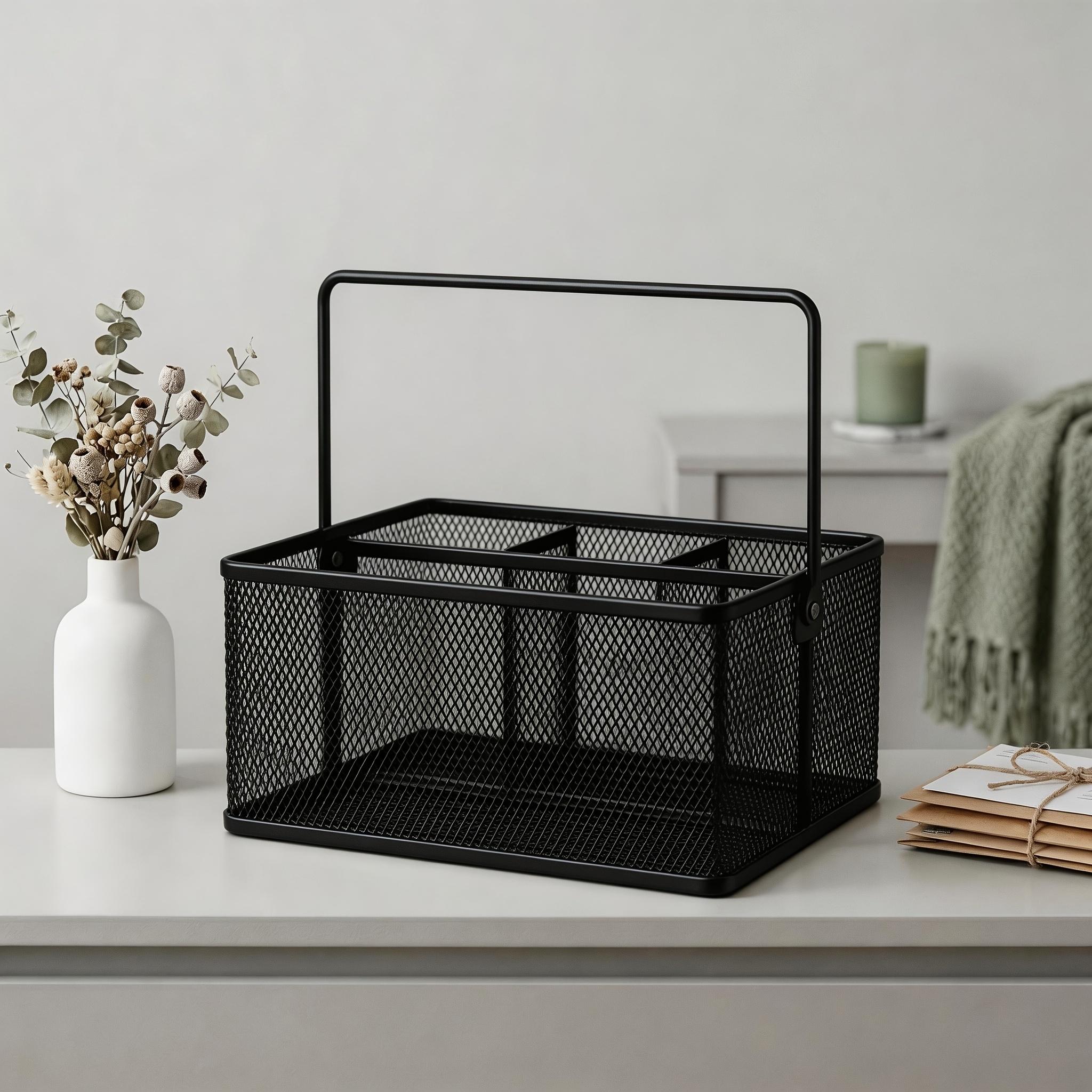 Wrought Iron Storage Basket with Handles, Compartmentalized Organizer, Desktop Snack Storage Box, Kitchen Utensil Organizer, Sundries Basket