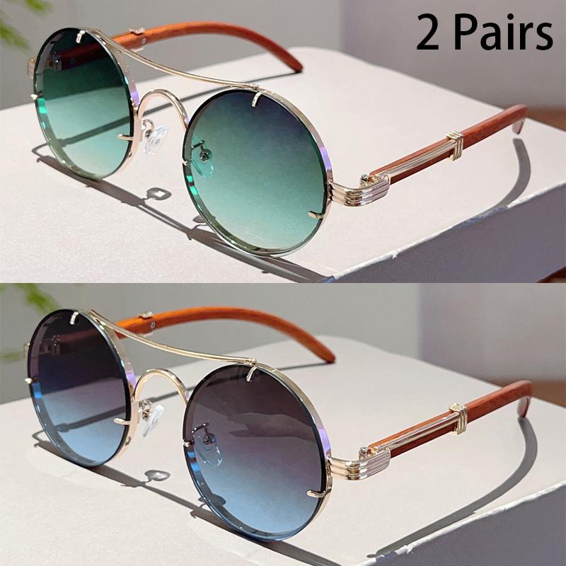 2 Pairs Vintage Round Sunglasses Men New Fashion Gradient Multicolor Casual Shades Women Luxury Design Double Bridge Sun Glasses