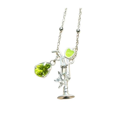 Women Necklace Cocktail Glass Shape Charm Necklace with Olivine Inlay Adjustable Length Weddings Parties